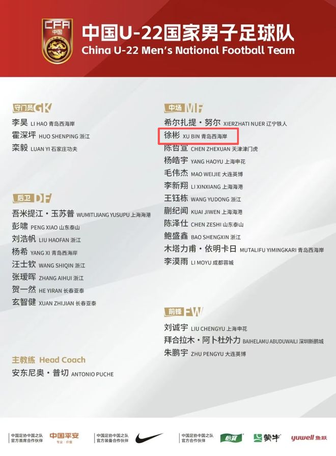 国足U22大名单公布，益阳籍小将徐彬入选